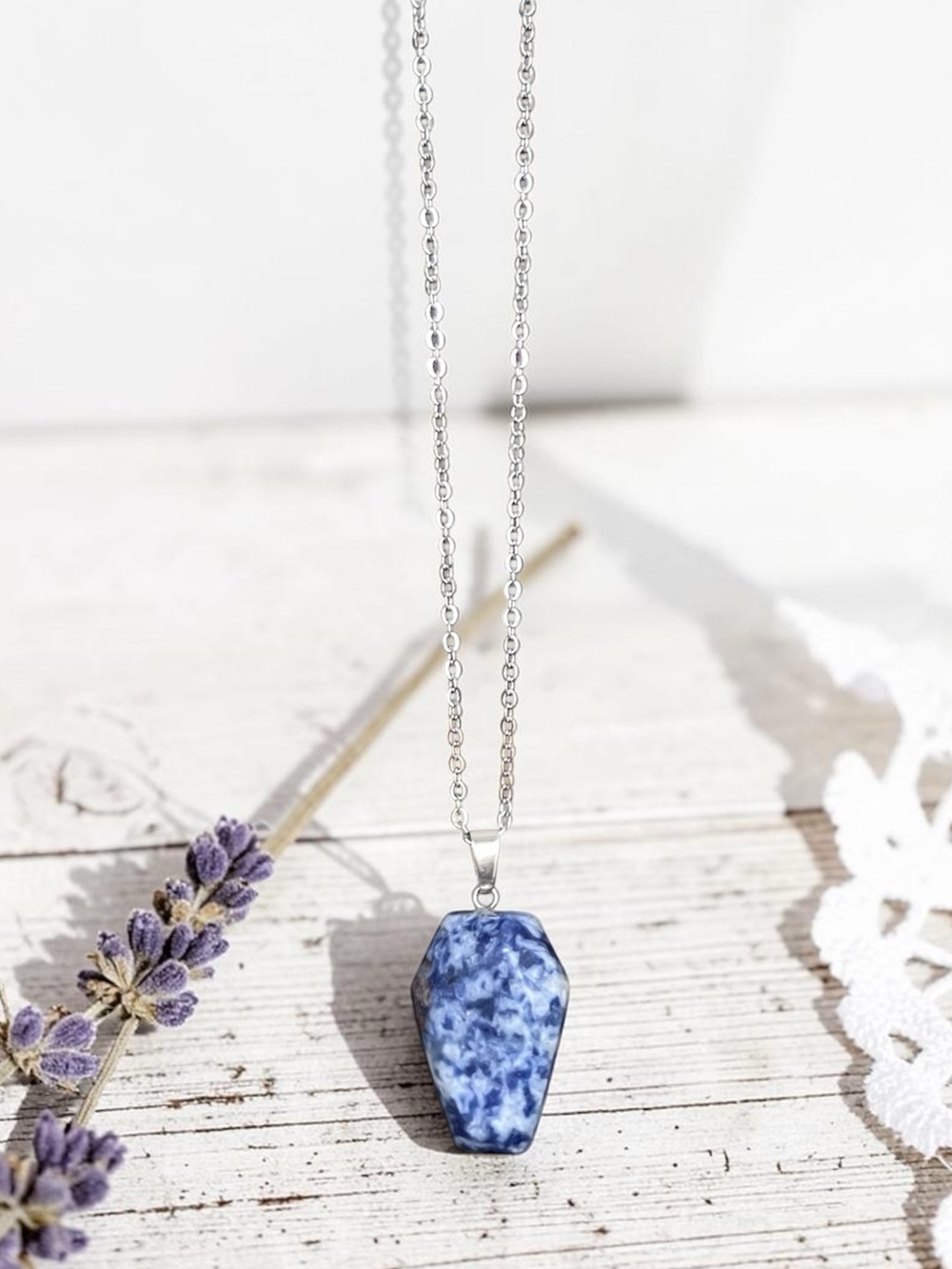 SODALITE natural stone coffin pendant necklace on silver chain NEW